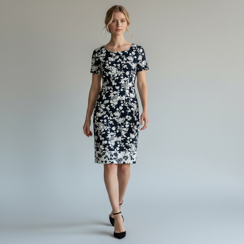 Talbots Sheath Preppy Party Floral Cottagecore Stretch Dress 16 Black White